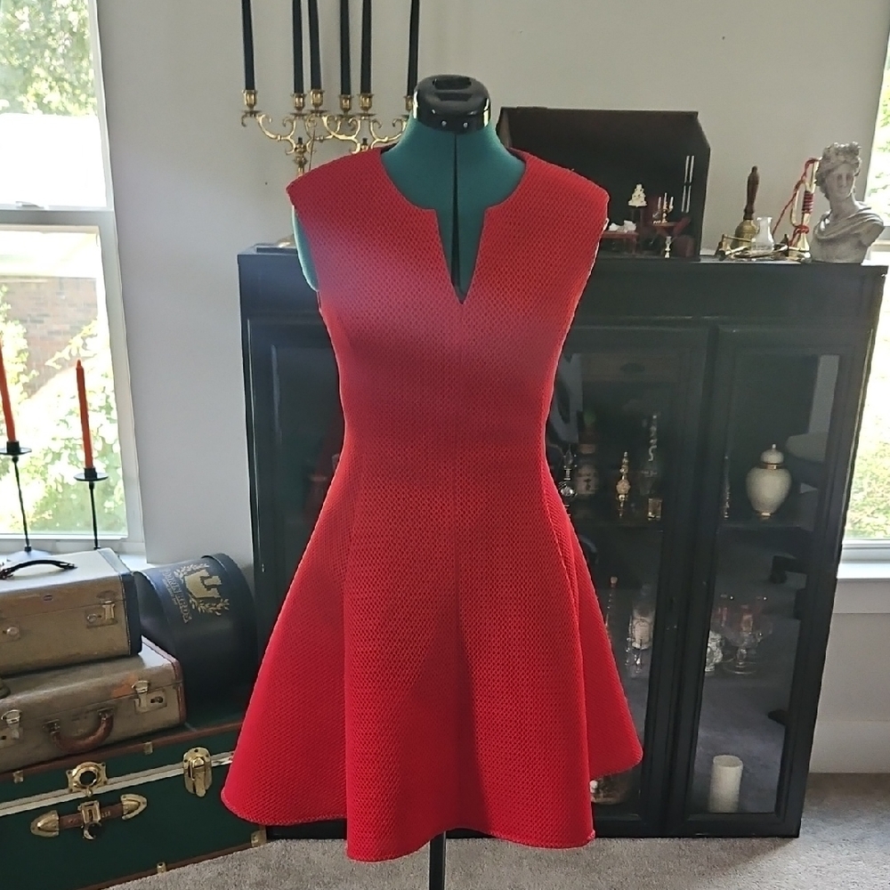 DKNY Red Fit and Flare Mini Dress Plunge Neckline